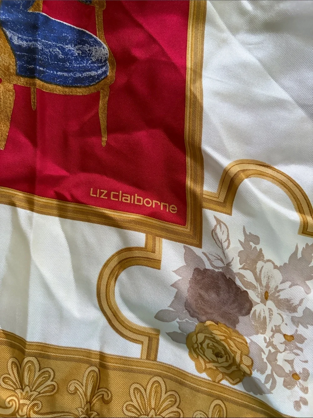 Liz Claiborne Red, Blue & Gold Floral Silk Scarf